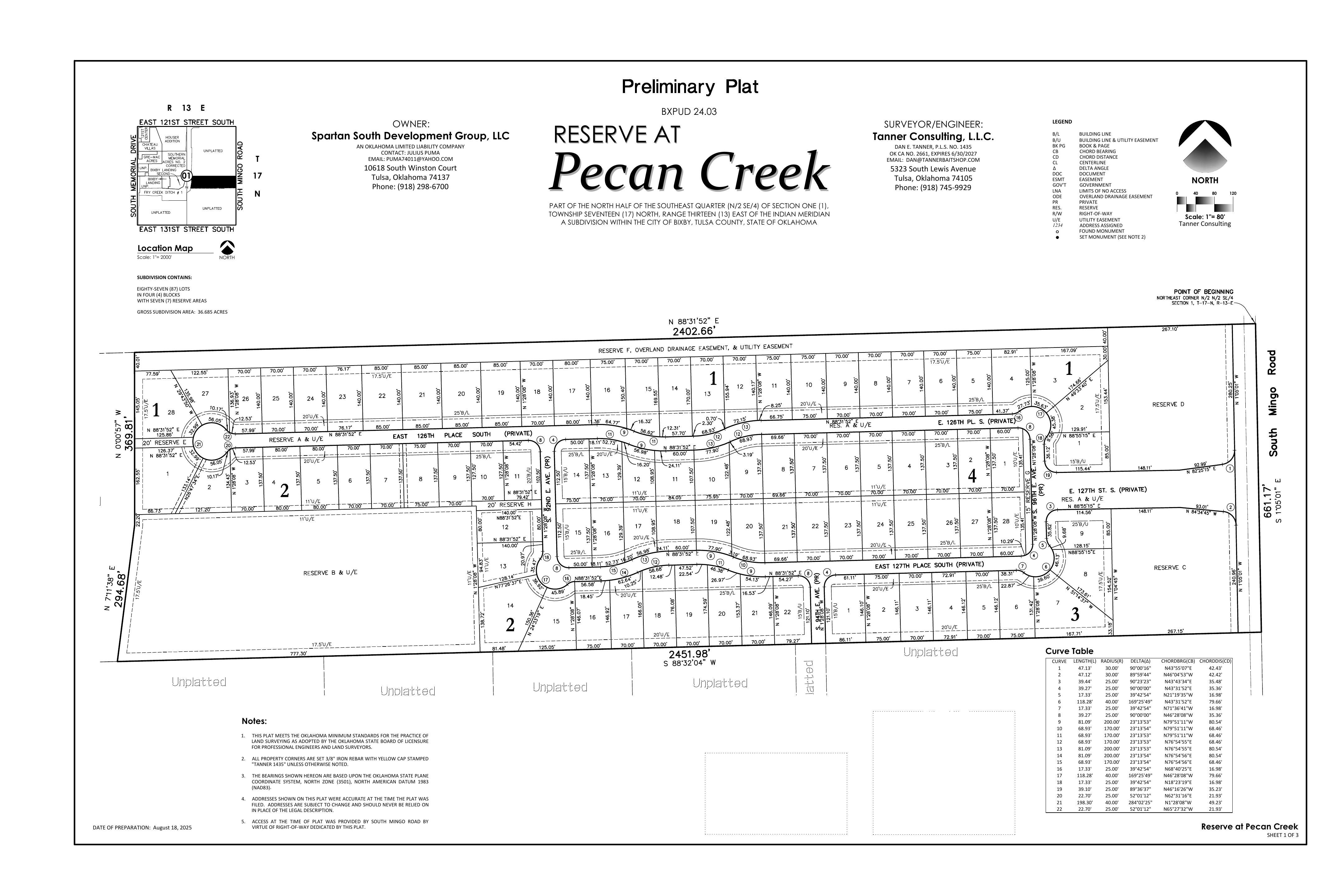 Preliminary plat showing the Reserve at Pecan Creek lots, streets, reserves, and dimensions